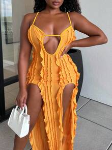Alexandranx Women's Vacation Solid Color Ruffle Hem Split High Low Cami Dress - Yellow - View 3