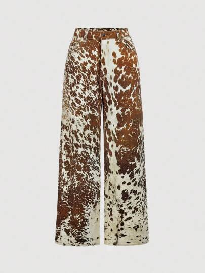 SHEIN MOD Women's Pocketed All-Over Print Loose Fit Casual Jeans Cow Print Pants Cowgirl Pants,Fall Women Clothes,Back To School,Leopard Print Baggy Jeans,Cheetah Print Pants,Back To School Clothes,Halloween Costumes,Western Wear Women,Grunge Outfits,Vintage Pants,Homecoming Pants,Y2k Jeans,Fall Outfits For Women,Back To School Outfits Women,Vintage Clothes Women,Coffee Brown Wide Leg Denim Jeans With Striped Pattern And Zipper Detail For Casual Wear Leopard Print Pants Western Pants Cheetah Pants