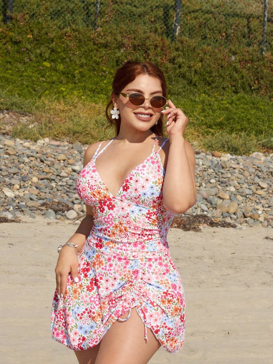 Lupita Cardoza Atuendos de playa para mujer, conjunto de top y falda corta con estampado floral, cordón y escote en V cruzado fruncido, vestido de baño sexy para damas, verano - Multicolor - Ver 1