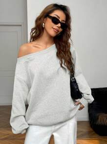 SHEIN EZwear Áo nỉ vai chéo dáng rộng dành cho nữ có lớp lót giữ nhiệt, màu xám nhạt, mùa thu/đông - Màu Xám nhạt - Xem 5