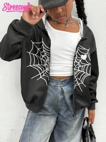 Tween Girls Spider Web & Heart Print Zip-Up Hoodie Sweatshirt - Black - View 6