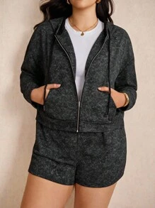 Elaquor Set de 2 piese, casual, versatil, vopsit în stil Tie-Dye, negru, pentru femei, mărime plus, jachetă cu hanorac și pantaloni scurți cu fermoar, toamnă - Negru - Vizualizare 1