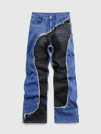 Street Life Men's Daily Two-Tone Slanted Pocket Frayed Hem Loose Fit Jeans