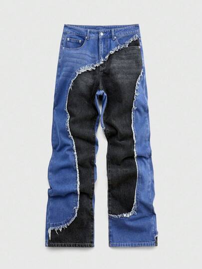 Street Life Jeans da uomo casual e quotidiano, con due tonalità, tasche inclinate, orlo sfrangiato, vestibilità morbida