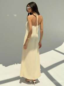 Aloruh New Champagne Backless Pleated Simple Long Halter Dress With Metal Ball Decor, Oversized Fit, Flattering Silhouette,Boho Clothes Women