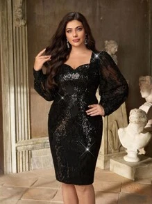 Aureia 加大码优雅浪漫黑色甜心领奢华刺绣亮片拼布透明长袖紧身鸡尾酒会连衣裙 - 黑色 - 查看 6