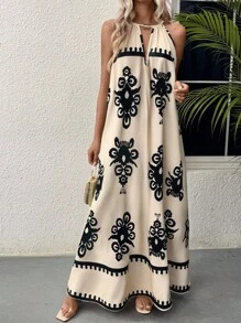 EMERY ROSE 女式波西米亚无袖细肩带连衣裙，印花露背飘逸 A 字形海滩度假礼服，夏季长款细肩带女士连衣裙 - 彩色 - 查看 4