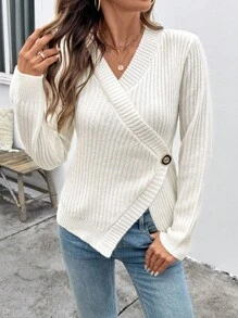 EMERY ROSE Jersey de punto acanalado de cuello en V de manga larga, otoño/invierno, jersey de punto de alta gama para el otoño