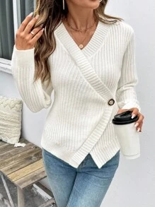 EMERY ROSE Jersey de punto acanalado de cuello en V de manga larga, otoño/invierno, jersey de punto de alta gama para el otoño