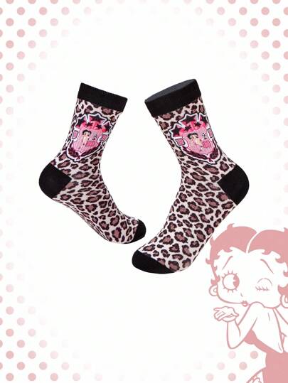 Betty Boop | ROMWE Cartoon & Leopard Pattern Comfortable Crew Socks For Women