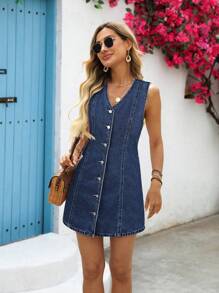 EMERY ROSE Vestido de mezclilla casual de mujer con cuello en V, de una sola hilera, sin mangas y con cintura elástica, para verano - Azul lavado oscuro - Ver 7