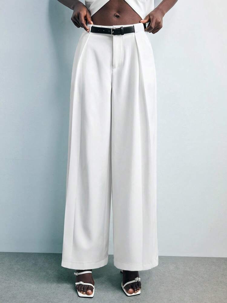 SHEIN Maija 2025 Modern City Artistic Line Design Side Pockets Extra Long Wide Leg Pants, Suitable For Early Autumn White Wide Leg Pants Women White Dress Pants White Flare Pants White Pleated Pants Wide Leg White Pants White High Waisted Pants,Old Money Style Women