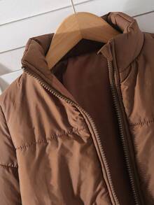 SHEIN Sparklyn Girls' Casual Minimalist Stand Collar Long Sleeve Short Loose Solid Color Fleece Padded Padded Coat, Autumn/Winter, Coffee Color Fall