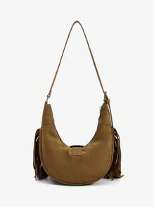 SHEIN ICON 女士单肩包、流浪包、时尚、个性、简约、百搭、街头、甜美酷炫女孩、辣妹、Y2K、复古、铆钉、复古、流苏、牛皮印花、西式、波西米亚风、音乐节、青少年 - 棕色 - 查看 4