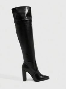 CUCCOO SZL 女士时尚黑色英伦风格骑士靴，性感尖头扣带粗跟修身高筒过膝正装靴 - 黑色 - 查看 8