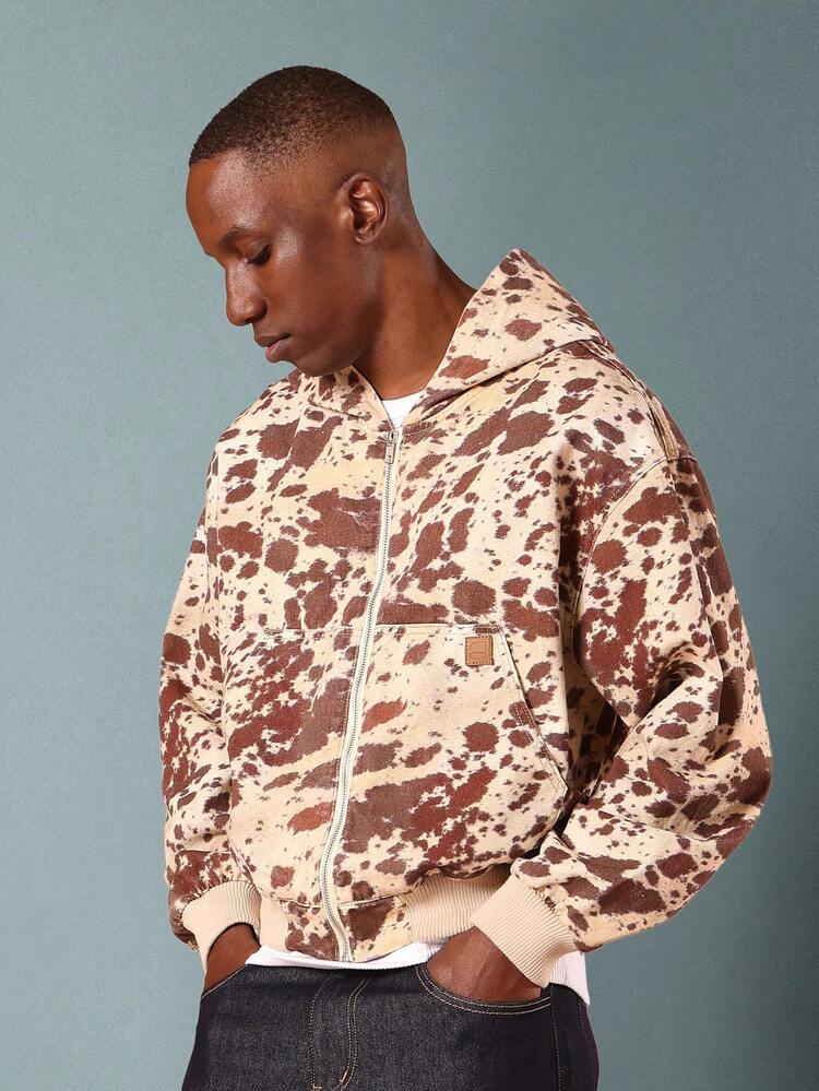 Cowhide Print Cotton Bomber Jacket With Hood