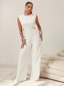 Vixey Women's Solid Color Round Neck Batwing Sleeve Cutout Waist Wide Leg Loose Jumpsuit, Business Casual Woman, Office Outfit - White - View 4