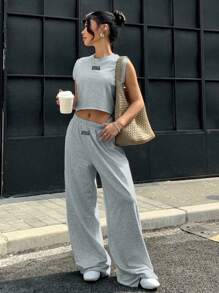SHEIN EZwear Women's Casual Crew Neck Sleeveless Loose Cropped Tank Top And Straight Leg Pants Set, Suitable For Summer, Everyday Wear Fall Clothes Winter Clothes - Light Grey - View 3