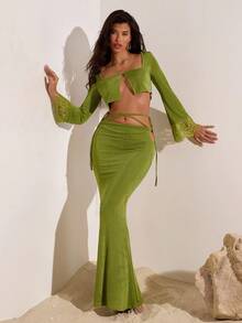 Opulessa 女士度假性感蕾丝拼布短款上衣和超长裙两件套 - 綠色 - 查看 8