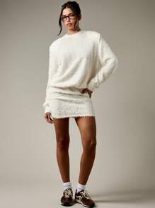 MISSGUIDED 蓬松安哥拉毛绒针织长袖迷你毛衣裙冬季舒适休闲假日派对束腰连衣裙，配有落肩家居服