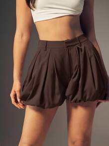 Denimoi Quần short cạp cao xếp ly viền phồng mùa hè - Cà phê nâu - Xem 3