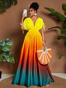 Breezaya Đầm maxi chữ A thắt nơ cổ chữ V họa tiết ombre lãng mạn thanh lịch dành cho nữ, thiết kế đa năng cho các buổi đi chơi, bãi biển, lễ hội âm nhạc, trang phục dự tiệc cưới tốt nghiệp cho khách mời, phong cách công sở thường ngày Boho, thắt nơ eo đàn hồi, du lịch nghỉ dưỡng, váy maxi chữ A mùa xuân/hè/thu - Nhiều màu - Xem 1