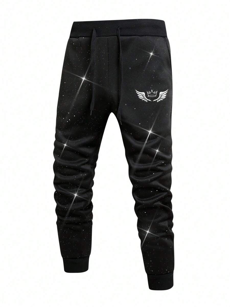 Manfinity Homme Men's Shiny Black Sweatpants With Wing & Crown Pattern - Black - View 1