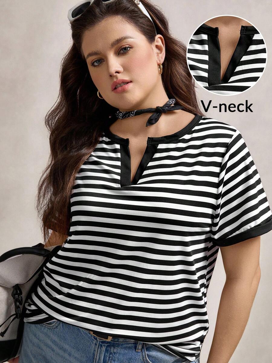 Zelara Plus Striped Notched Neckline Contrast Binding Tee, Summer Back To School Back To School School Clothes Back To School Clothes  Homecoming Dress Teacher - Black and White - View 1