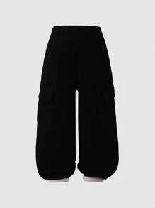 SHEIN Girls' Black Washed Casual Loose Fashion Cute Bow Embroidered Cargo Jeans With Multiple Pockets, Versatile And Stylish For Everyday Wear Fall Winter - Black - View 2
