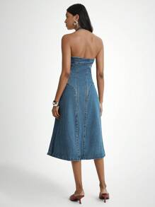 Daynim 女式休闲拉链挂脖牛仔连衣裙 - 中等水洗藍 - 查看 2