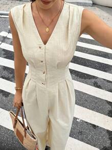 Serisse 女式纯色V领前扣休闲无袖连体裤 - 杏色 - 查看 6