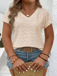 EMERY ROSE T-shirt ample à manches courtes, col V, texturé jacquard, best-seller, grande taille pour femmes