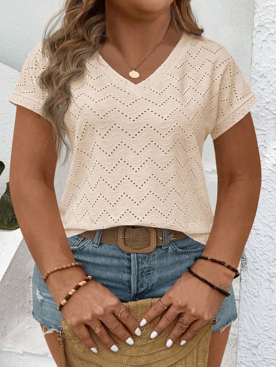 EMERY ROSE T-shirt ample à manches courtes, col V, texturé jacquard, best-seller, grande taille pour femmes