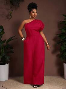 Slaydiva 2025 New Spring/Summer Plus Size Women's Graduation Party/Music Festival/Date/Vintage Western Vacation/Road Trip/Elegant Vacation/Tropical Vacation/Business Casual/Women's Vacation Jumpsuit - Deep Brown Single Shoulder Ruched Waist With Pockets Flared Leg Jumpsuit Plus Size Jumpsuit Jumpsuit For Women Wide Leg Jumpsuit Red Jumpsuit One Shoulder Jumpsuit - Red - View 4
