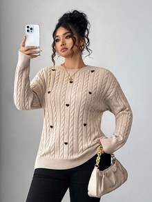 Elenzga Plus Size Women Solid Color Knitted Round Neck Heart Soft Cozy Cable Knit Long Sleeve Pullover Sweater, Cute & Sweet, Autumn/Winter Fall