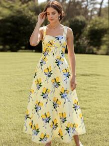 ÉTHER D'OR 女式撞色蕾丝花卉印花优雅长款吊带裙 - Butter Yellow - 查看 2
