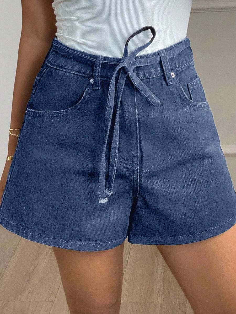 Quần short denim dáng chữ A cạp cao, rộng rãi, thắt eo, thích hợp cho nữ, kiểu quần short mùa hè. - Rửa trung bình - Xem 1