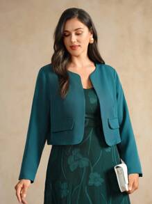 Flouryn Giacca cardigan elegante da donna taglia comoda, collo rotondo, tinta unita - Verde Scuro - Visualizzare 5