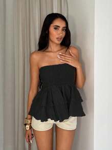 Glamine 女式纹理褶皱面料弹力抹胸上衣，配有荷叶边下摆 - 黑色 - 查看 7