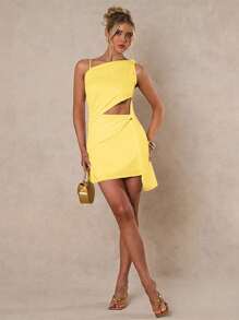 Glamine 黄色不对称镂空褶饰连衣裙，约会夜服装，女士夏季连衣裙，派对连衣裙 - 黃色 - 查看 4