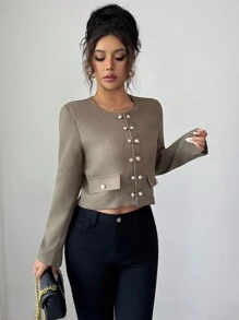 Elenzga Elegante Damen Jacke mit rundem Ausschnitt, Tweed, Pattentaschen und Knopfverzierung - Khaki - Übersicht 5