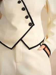 Flouryn 2 件大码女式优雅饰边单排扣长袖上衣和裤子套装秋季女装工作服女装秋季女装秋季套装女式裤套装正式裤套装 - 杏色 - 查看 6