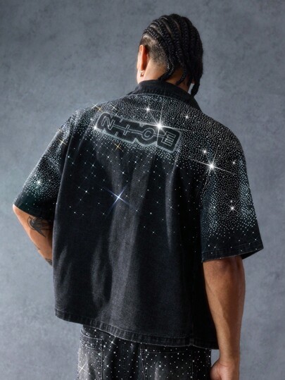 Street Life Men's Rhinestone Letter Print Short Sleeve Single-Breasted Casual Denim Shirt