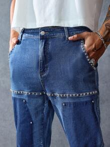 ROMWE MEN Street Life 男士休闲修身牛仔裤，带口袋和铆钉设计 - 藍色 - 查看 2