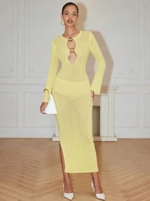 Chiquease Chic Pale Yellow Hollow Acrylic Textured Fitted Elegant Dress For Women,Autumn Night Out Wedding Guest Party Dress,European & American Style Knit - Yellow - View 3