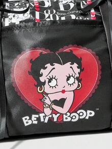 Betty Boop | ROMWE 女士缎面涤纶托特包，卡通图案单肩手提包，大容量通勤包