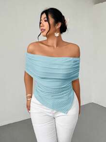 Firerie قميص كاجوال أنيق للنساء ذوات الأحجام الكبيرة، قطع الكتف، قماش مموج مرن، حواف غير متماثلة، مناسب للربيع والصيف