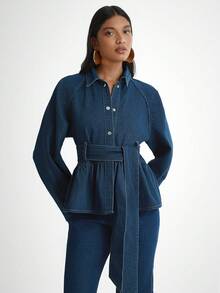Daynim Women's Casual Cinched Waist Long Sleeve Raglan Jacket - Medium Wash - View 1