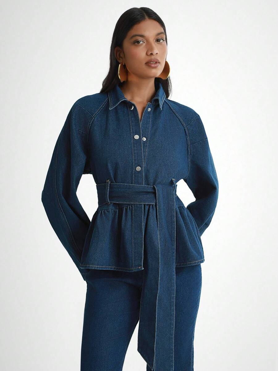 Daynim Women's Casual Cinched Waist Long Sleeve Raglan Jacket - Medium Wash - View 1