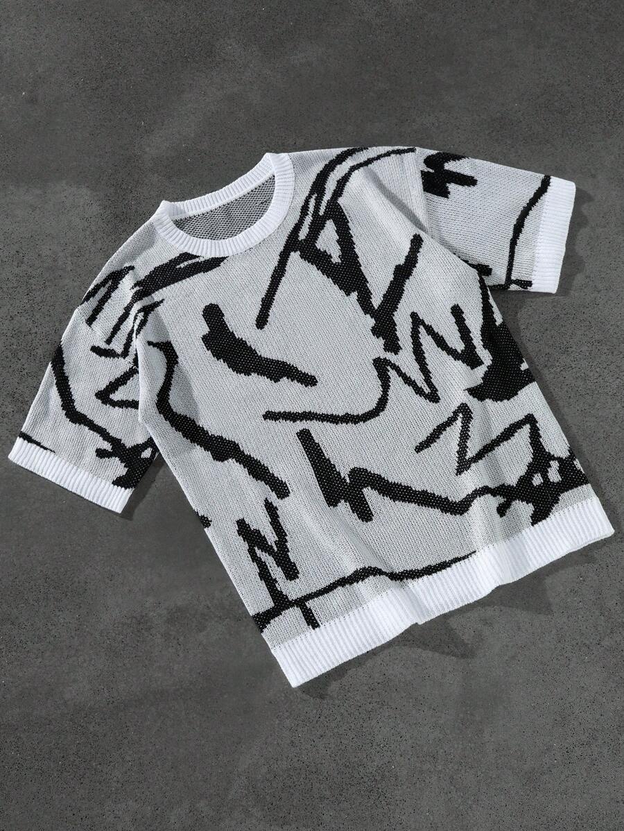 PAVTROS 男士时尚休闲撞色圆领短袖针织上衣 - 黑與白 - 查看 1